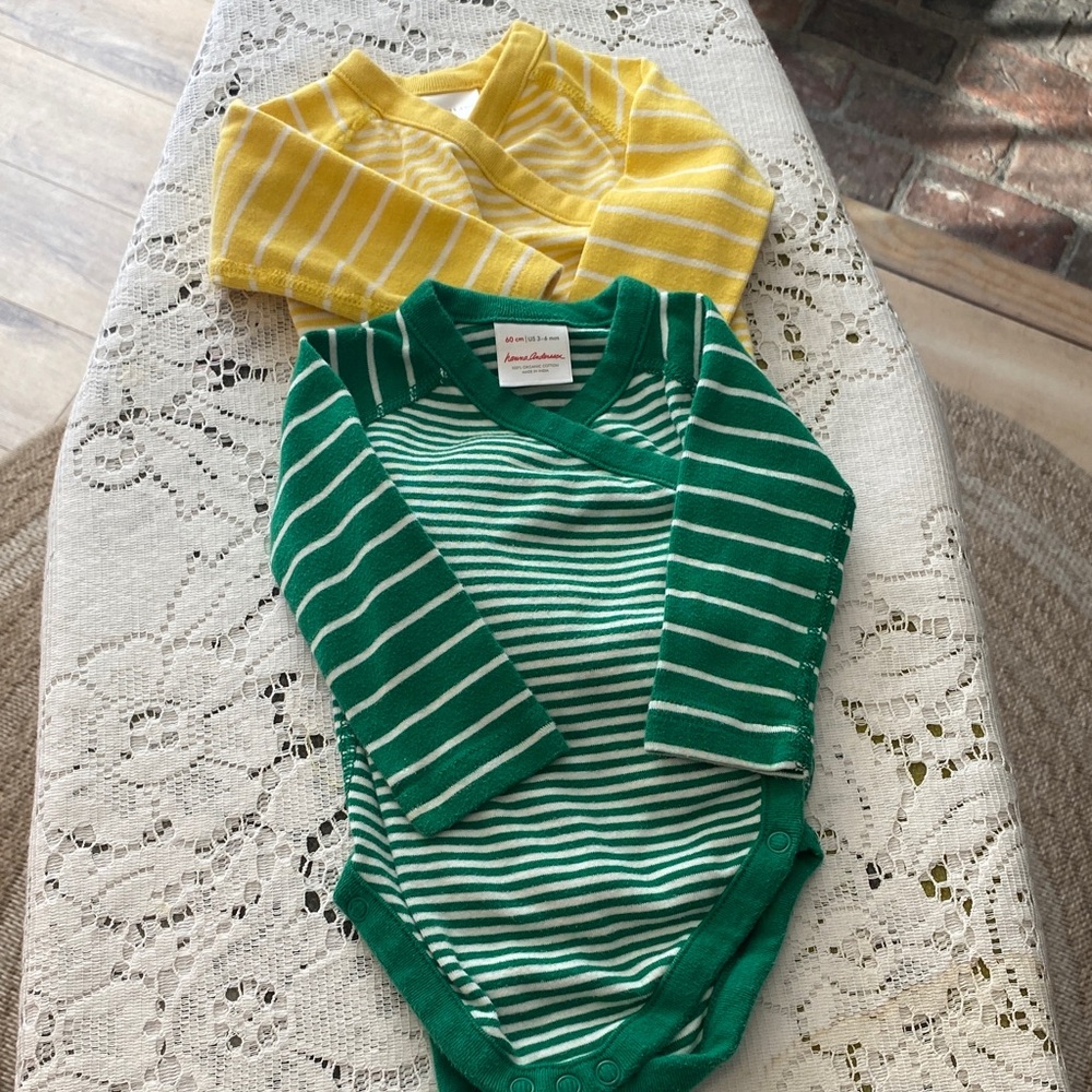 Hanna Andersson organic cotton Green &Yellow Striped long sleeve baby one piece